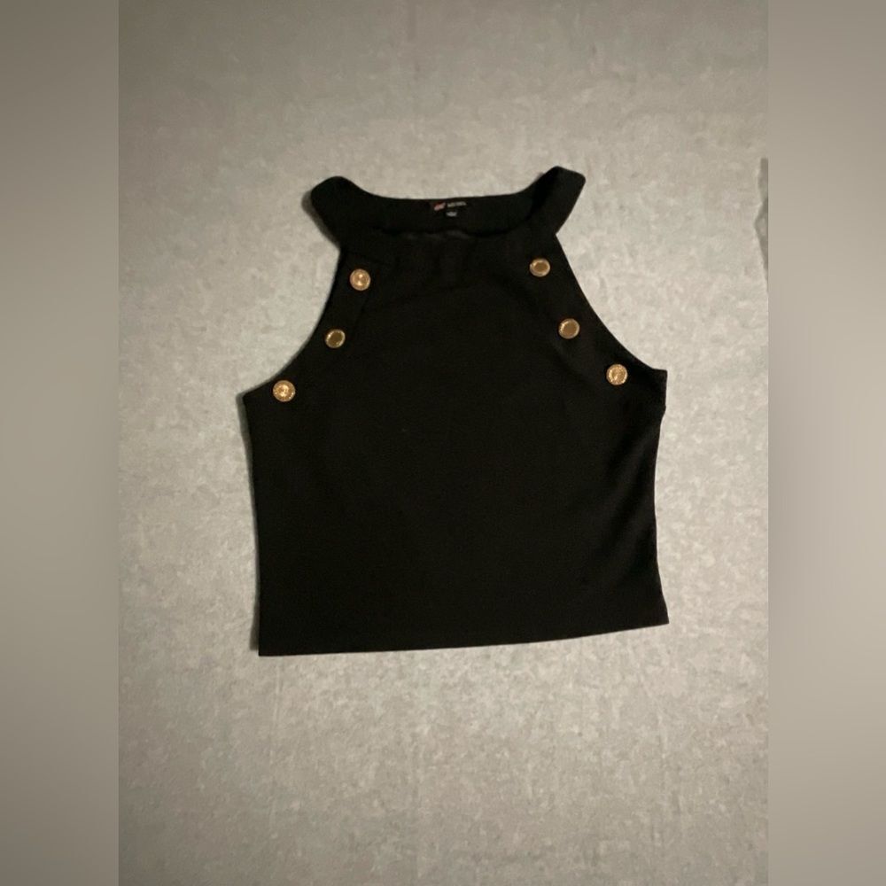 Michel Black Halter Top Large L Gold Military Button Nautical Cropped Sleeveless